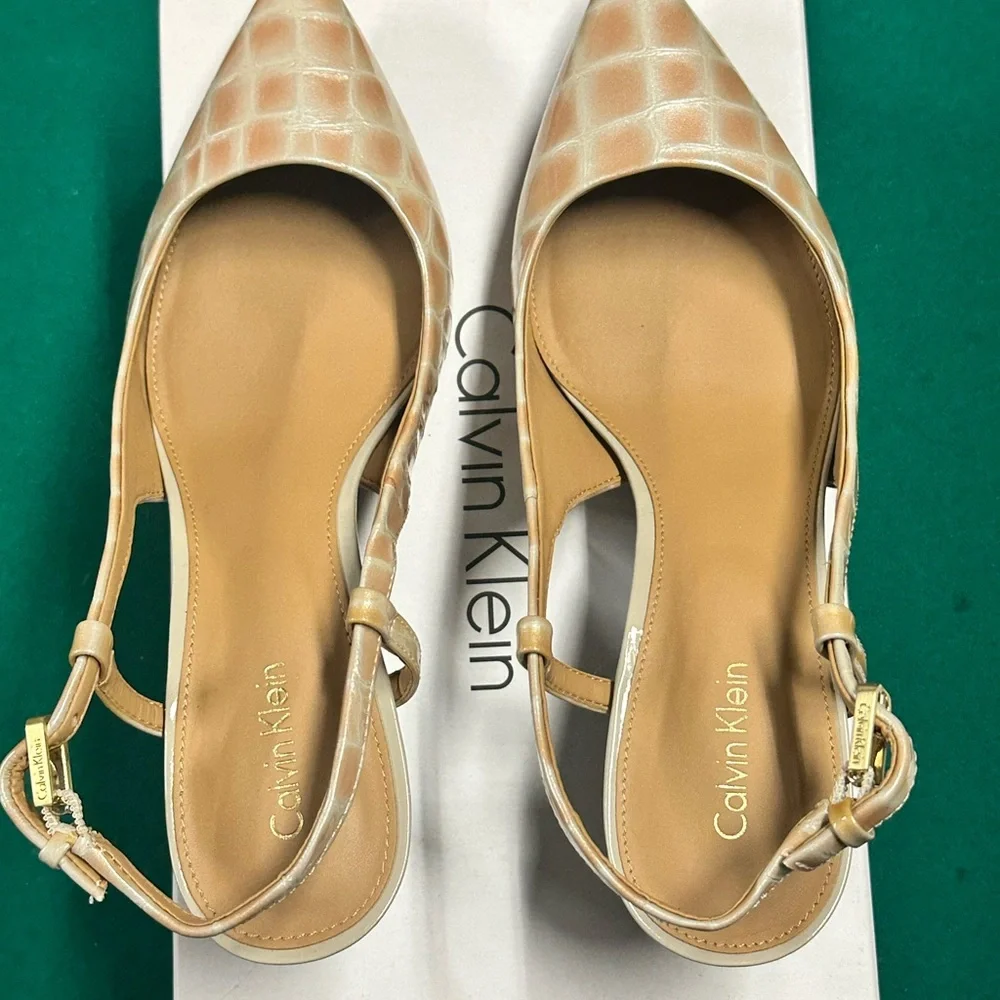 Calvin Klein Beige Croc-Embossed Slingback Heels
